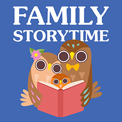 a family of cartoon owls reading a red book on a blue background