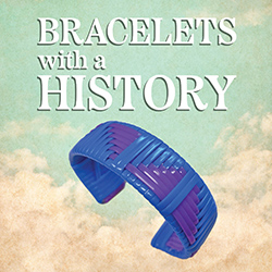 A vintage style woven bracelet in blue and purple over an image of a faded sky and clouds
