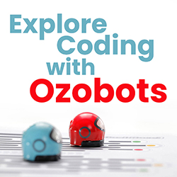 A blue and a red Ozobot robot facing right