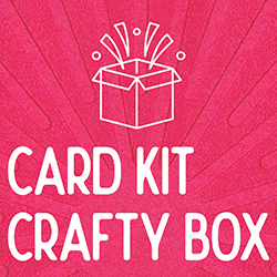 Line drawing of an open box with confetti popping out and the words card kit crafty box
