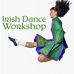 An Irish dancer in mid-air seen from the side with one leg extended in front and hair flying up