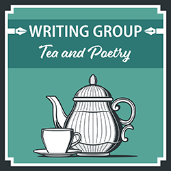 drawing of a tea pot and tea cup on an teal background