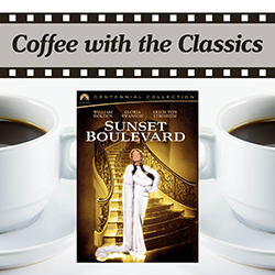 Sunset Boulevard movie poster over cups of coffee on a white background