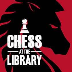 Close up illustration of a knight's head over a red background with the words chess at the library in white