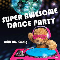DJ Teddy Bear spinning tunes in front of a sparkle disco ball background