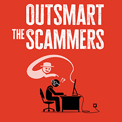 An icon of a worried person at a computer in black with a ghostly image of a scammer overhead all on a red background