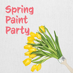A spray of yellow tulips coming out of a paintbrush over a white canvas