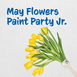A spray of yellow tulips coming out of a paintbrush over a white canvas