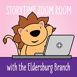 Little lion waving at a laptop during storytime