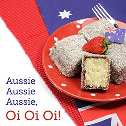 Plate of lamingtons with the Australian flag resting on a red, white, and blue placemat