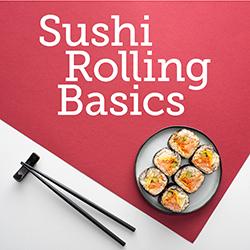Sushi rolls and chopsticks on a red and white background