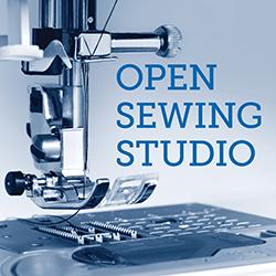 Close up of a sewing machine foot and the words Open Sewing Studio