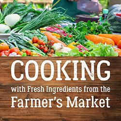 A scene from a farmer's market above a wooden tabletop background.