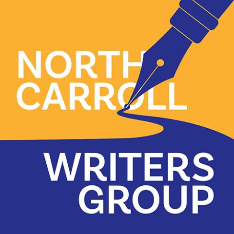 A blue pen over an orange background with white text - North Carroll Writers Group