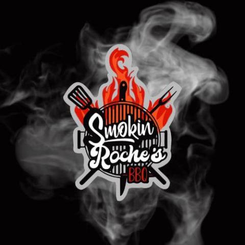 Logo with smoke and bbq graphics with text 'Smokin Roches'