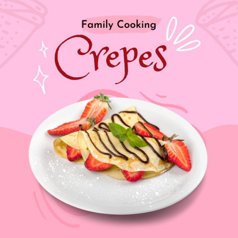 pink background with plate of folded crepes filled with strawberries and garnished with nutella drizzle and mint sprig