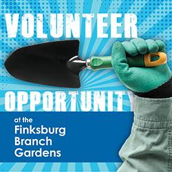 A gardener's gloved fist raised and holding a digger with a blue sunburst behind and the words volunteer opportunity
