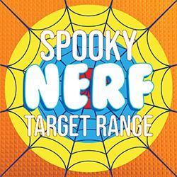 A multicolored target in the shape of a cobweb with the words Spooky Nerf Target Range in front