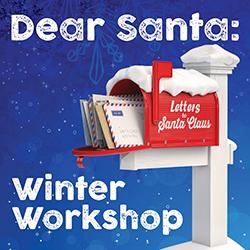 A red snow-covered mailbox with letters to Santa over a blue snowflake background