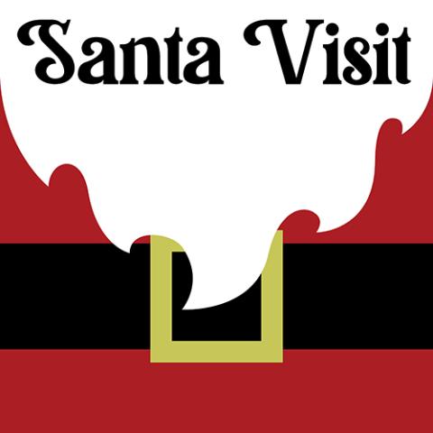 Graphic of an Santa beard over a red background with a black and gold belt