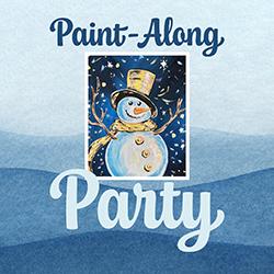 A sample painting of a snowman wearing scarf and hat with a dark starry blue background