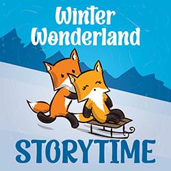 Two cute cartoon foxes sledding down a snowy hill with blue trees and sky in background