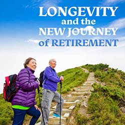 An older couple with day packs hiking up a hill trail of wooden steps