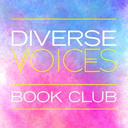 The words Diverse Voices Book Club in white over a pastel blurred multicolor background
