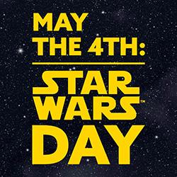 May the 4th: Star Wars Day over a starry space background