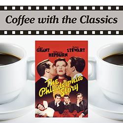 The Philadelphia Story movie cover over cups of coffee on a white background
