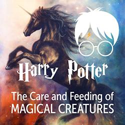 Harry Potter symbol in front of a black rearing unicorn