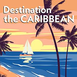 Illustration of a Caribbean beach with palm trees and a sailboat