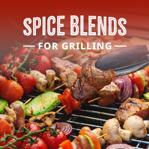 Grill with meat and vegetables, text "Spice blends for grilling"