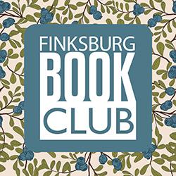 Floral leaves and berries pattern in browns and blue-gray with Finksburg Book Club in white