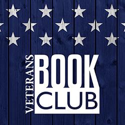A field of white stars over a navy blue wooden surface with Veterans Book Club in white