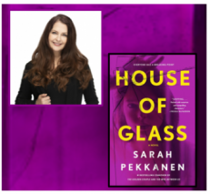 photo of woman and book cover on purple background