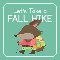 Illustration of a little fox in hiking clothes and backpack over a green background