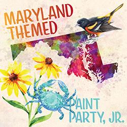 Watercolor collage of a map of Maryland surrounded by a Baltimore Oriole, Black-eyed Susan, and Blue Crab