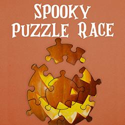 A round jigsaw puzzle with the image of a jack-o-lantern on an orange background