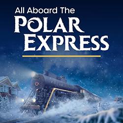 Illustration of the Polar Express locomotive at night in the snow in shades of blue with gold accent