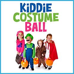 Four kids dressed as a hippy, Mario, a bear, and Little Red Riding Hood on a white background