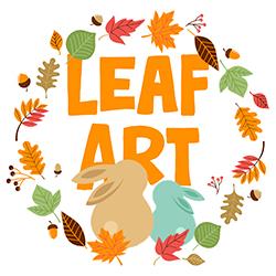 Illustration of a colorful leaf wreath with a brown bunny and a blue bunny sitting inside and the words leaf art