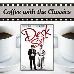 Desk Set movie cover over cups of coffee on a white background