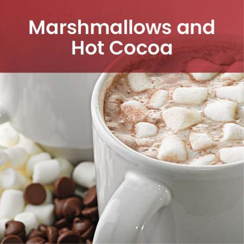 Image of cup of hot cocoa with marshmallows. Text: Marshmallows and Hot Cocoa