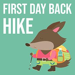 a cartoon fox in hiking gear on a teal background