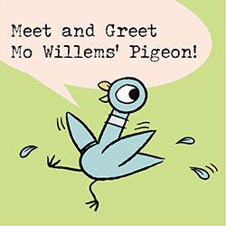 Mo Willem's cartoon gray Pigeon on a green background