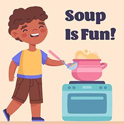 an illustration of a smiling kid making soup