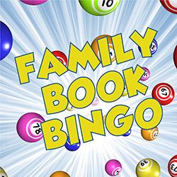 Family Book Bingo written in yellow in front of a burst of colorful bingo balls