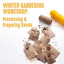 Brown paper seed-saving envelopes with spilled seeds and orange twine over a white background