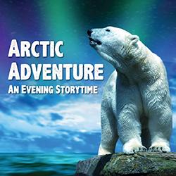 a polar bear standing on a rock in front of a multi-color sky